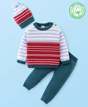 Babyhug Full Sleeves Sweater Set with Cap Stripes Design - Multicolor