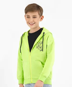 Primo Gino 100% Cotton Full Sleeves Skater Print Zipper Hooded Jacket - Green
