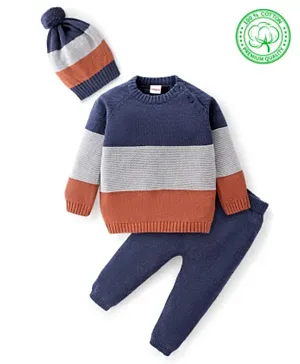 Babyhug Full Sleeves Sweater Set Color Block - Navy Blue