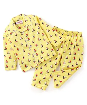 Babyhug Cotton Woven Full Sleeves Night Suit Boat Print - Yellow