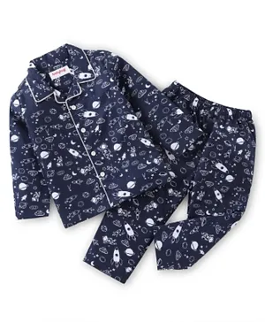 Babyhug Poplin Woven Full Sleeves Night Suit With Space Theme Print - Navy Blue