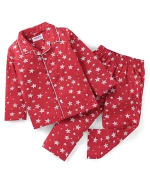 Babyhug Cotton Knit Full Sleeves Night Suit Stars Print - Red