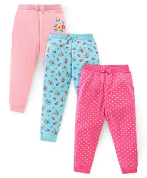 Babyhug Cotton Knit Full Length Lounge Pant Floral Print Pack of 3 - Pink & Blue