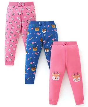 Babyhug Cotton Knit Lounge Pants Floral Print Pack of 3 - Pink & Blue