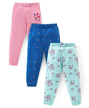 Babyhug Cotton Knit Full Length Lounge Pant Floral & Heart Print Pack of 3 - Pink & Blue