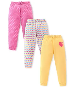 Babyhug Cotton Knit Track Pants Striped & Printed Pack of 3 - Pink & Yellow