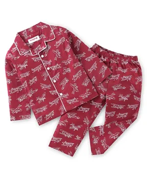 Babyhug Cotton Woven Full Sleeves Night Suit with Air Planes Print - Red