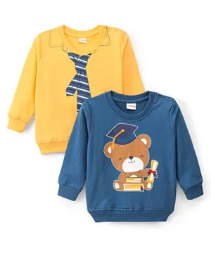 Babyhug Cotton Full Sleeves Sweatshirt With Ties & Bear Graphics Pack of 2- Blue & Yellow