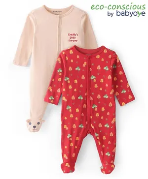Babyoye 100% Cotton with Eco Jiva Finish Leaves Printed Full Sleeves Sleep Suits - Red & Pink