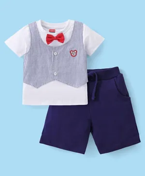Babyhug 100% Cotton Knit Half Sleeves Striped T-Shirt and Shorts Set with Bow and Waistcoat Applique Print - White & Blue