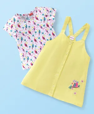 Babyhug Cotton Knit Short Sleeves Inner Tee with Corduroy Frock Parrot Printed  - Yellow