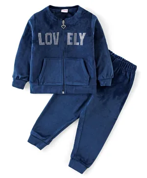 Babyhug Velour Knit Full Sleeves Winter Wear Sweatshirt & Lounge Pant Set Text Print - Navy Blue