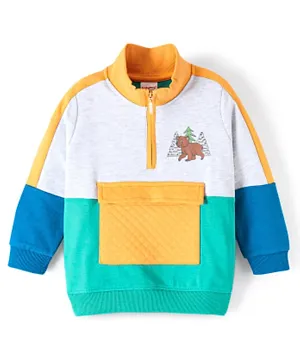 Babyhug Cotton Knit Full Sleeves High Neck Sweatshirt with Cut & Sew Design & Utility Pocket - White Melange