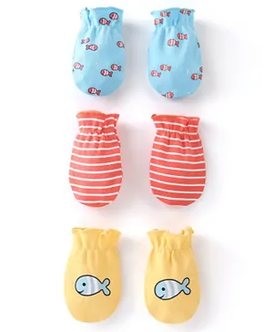 Babyhug 100% Cotton Knit Mittens Set Pack of 3 Striped & Fish Print - Blue Red & Yellow