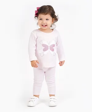 Bonfino 100% Cotton Full Sleeves T-Shirt & Lounge Pant Set with Glittery Butterfly Applique - Pink