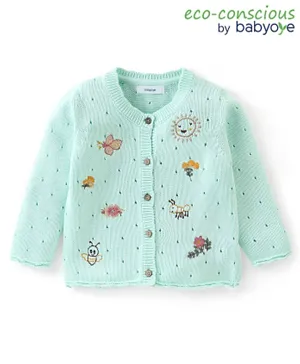 Babyoye Eco-Conscious 100% Cotton Full Sleeves Front Open Sweater Floral Design - Light  Blue