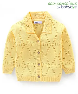 Babyoye Eco Conscious Cotton Full Sleeves Cable Knit Front Open Sweater - Yellow