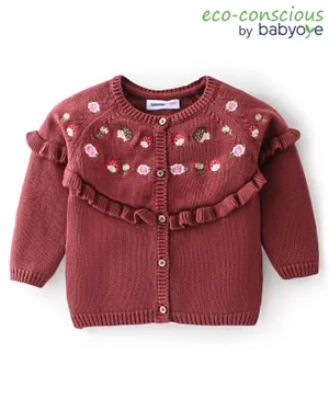 Babyoye Eco-Conscious Cotton Full Sleeves Front Open Sweater Floral Embroidery - Brown