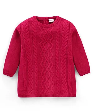 Babyhug 100% Acrylic Full Sleeves Solid Woollen Dress Cable Knit Design - Fushia