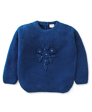 Babyhug 100% Acrylic Knit Full Sleeves Sweater With Floral Embroidery - Navy Blue