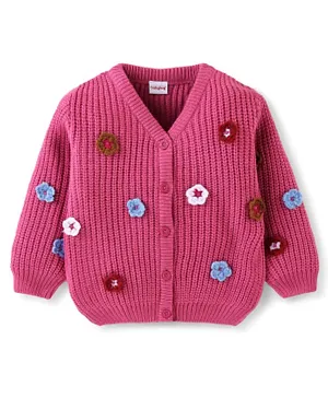 Babyhug 100% Acrylic Knit Full Sleeves Sweater With Floral Applique - Fushia