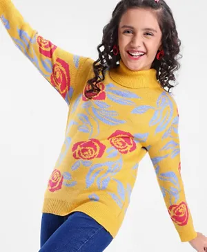 Pine Kids 100% Acrylic Knit Full Sleeves Floral Design Sweater - Mustard Yellow