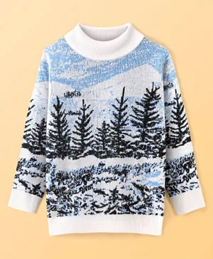 Pine Kids 100% Acrylic Knit Full Sleeves Intarsia Design Turtle Neck Sweater - White