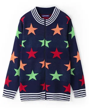 Pine Kids 100% Acrylic Full Sleeves Star Knit Front Open with Zipper Sweater - Navy