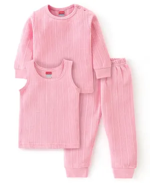 Babyhug Full Sleeves Thermal Wear Pullover Vest & Pant Set - Pink
