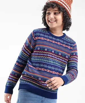Pine Kids Acrylic Knit Full Sleeves  Chevron Design Sweater - Blue