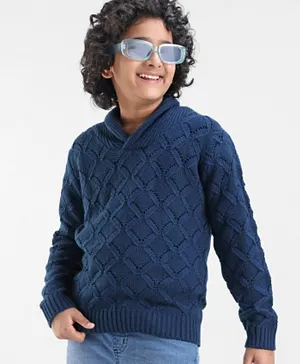 Pine Kids Full Sleeves Shawl Collar Knitted Sweater Solid- Navy Blue