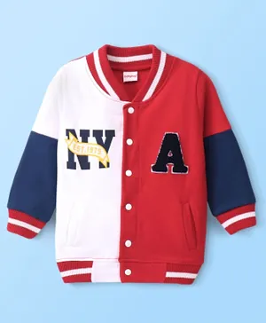 Babyhug Cotton Full Sleeves Bomber Style Sweatjacket with Graphics & Terry Embroidery - Red & White
