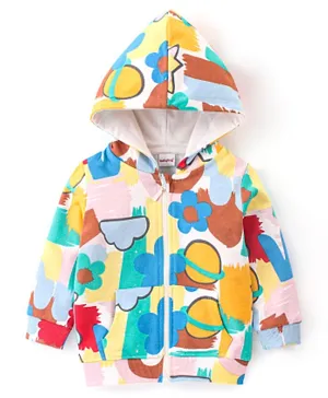 Babyhug Cotton Full Sleeves Front Open Sweat Jacket With Zipper & Hood Floral Print- Blue Yellow & White