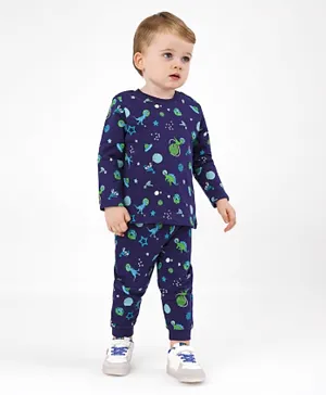 Bonfino 100% Cotton Knit Full Sleeves Sweatshirt and Track Pant/Co-ord Set Puppy Print Space Print - Navy Blue