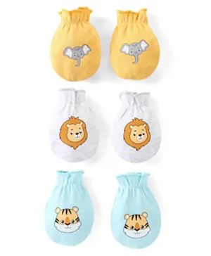Babyhug 100% Cotton Knit Animal Print Mittens Pack of 3 - Yellow White & Blue