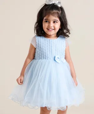 Babyhug Sleeveless   Party Frock With Mesh & Bow Applique - Frozen Blue