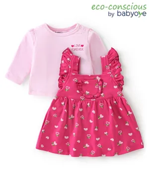 Babyoye 100% Cotton Knit Eco Conscious Frock With Full Sleeves Inner Tee Floral Print- Pink