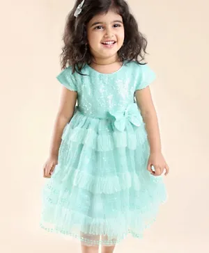 Babyhug Cap Sleeves Party Frock with Sequinned Detailing & Bow Applique - Blue