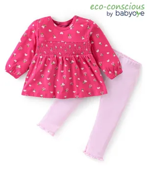 Babyoye Eco Conscious 100% Cotton Full Sleeves Top & Legging Heart Print - Pink & White