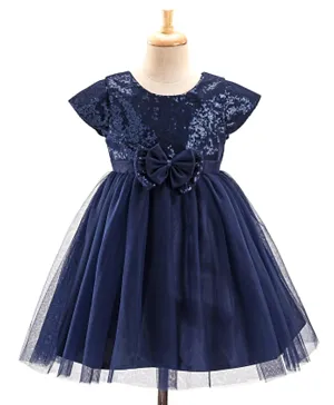 Babyhug Cap Sleeves Sequinned Yoke Party Frock with Bow Applique -Navy Blue