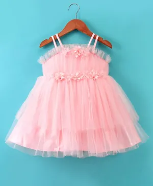 Babyhug Sleeveless Pleated Net Party Frock with Floral Applique - Peach