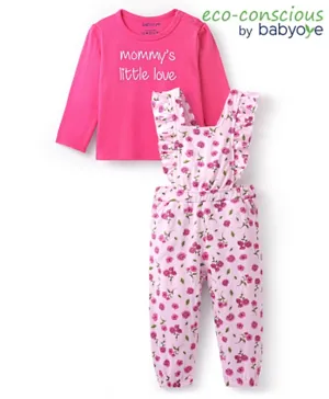Babyoye Eco Conscious 100% Cotton Knit Floral Printed Dungaree with Full Sleeves Inner T-Shirt - Pink