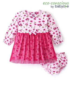 Babyoye Eco Conscious 100% Cotton Knit Full Sleeves Frock With Bloomer Floral Print - Pink
