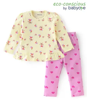 Babyoye Eco Conscious 100% Cotton Full Sleeves Zebra Printed Top & Leggings Set - Yellow & Pink