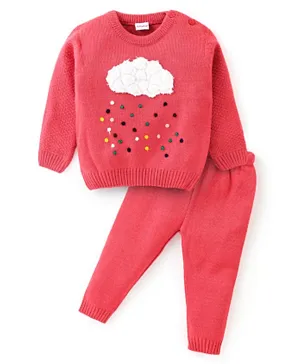 Babyhug Full Sleeves Pullover & Pant Set With Cloud Applique - Coral