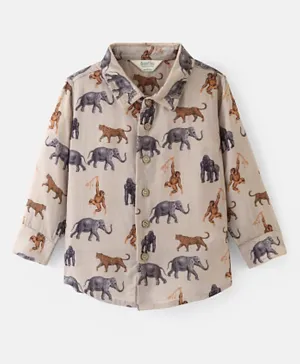 قميص بونفينو منسوج بأكمام طويلة من الفسكوز 100% بنقشة حيوانية - بني