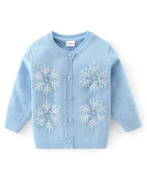 Babyhug Knitted Full Sleeves Front Open Sweater with Snow Flakes Design - Blue