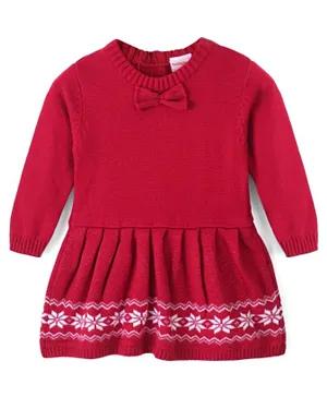 Babyhug Knit Full Sleeves Woolen Dress With Floral Design & Bow- Red