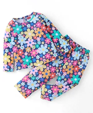 Babyhug Single Jersey Cotton Knit Full Sleeves Night Suit Floral Print - Navy