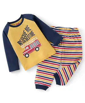 Babyhug Cotton Full Sleeves Night Suit Bus & Stripes Print- Yellow & Blue